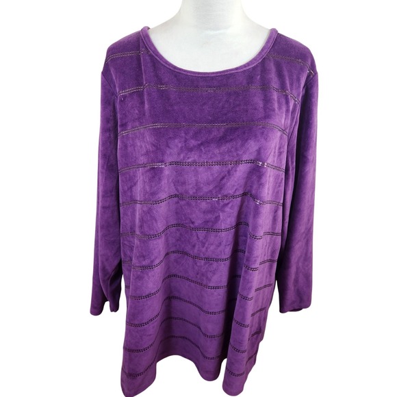 Quacker Factory Purple Velour Top Women's 2X Long Sleeve Sequin Bling Cozy Shirt - Picture 1 of 7